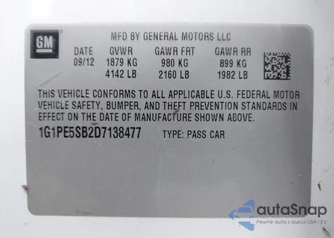 2013 Chevrolet Cruze 2Lt Auto from USA, damaged, VIN 1G1PE5SB2D7138477